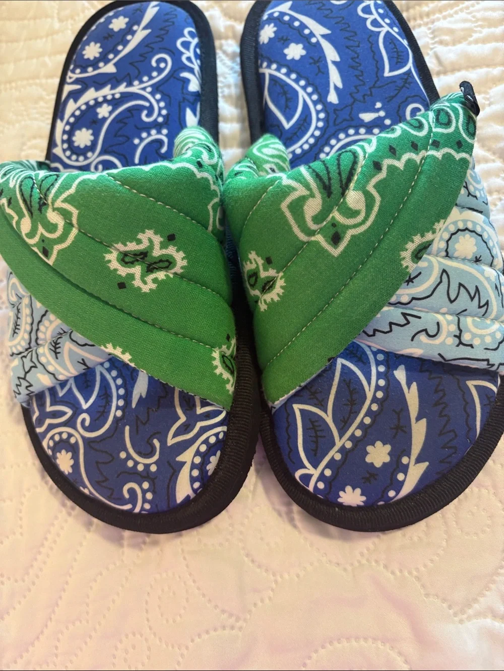 Women  Green and Blue Paisley Slide Sandals with Matching Crossbody Bag